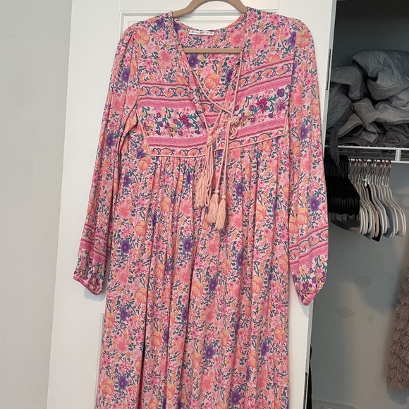 R.Vivimos Long Sleeve Floral Print Retro V Neck Tassel Bohemian Midi Dress XS - Picture 2 of 5